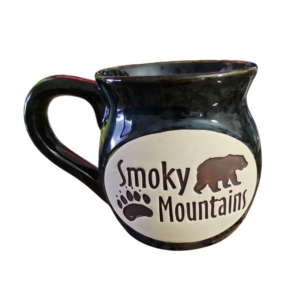 Smoky Mountains Bear Stoneware Mug Blue Black Reactive Glaze Souvenir Coffee Cup